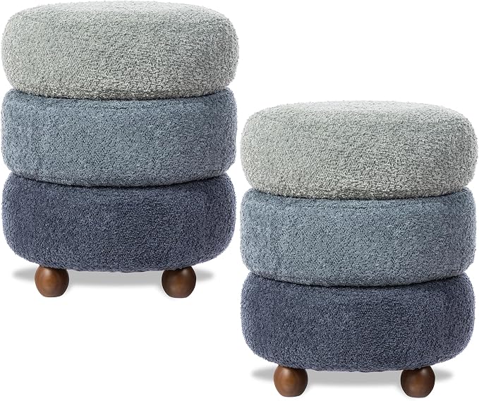 Glitzhome Round Ottoman with Storage Set of 2 Vanity Stool Foot Rest with Removable Lid Modern Upholstered Velvet Storage Ottoman Stool for Living Room and Dorm, Gradient Blue
