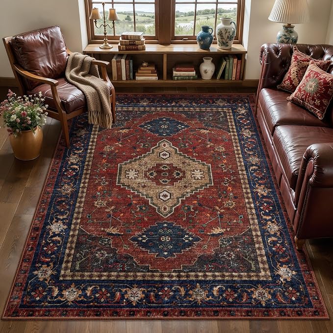 Tangsoo Oriental 3x5 Washable Rugs for Entryway, Non Slip Vintage Indoor Accent Rug Carpet, Boho Soft Low Pile Tumble Rug for Living Room Dining Bedroom Bedside Entry Red/Blue Home Decor