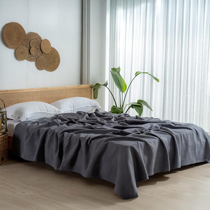 100% Turkish Cotton Blanket California King Size Waffle Weave Blankets, Made in Turkiye, Light Airy Throw Bedspread (Dark Gray, California King Size Blanket 90 x 125 inch)