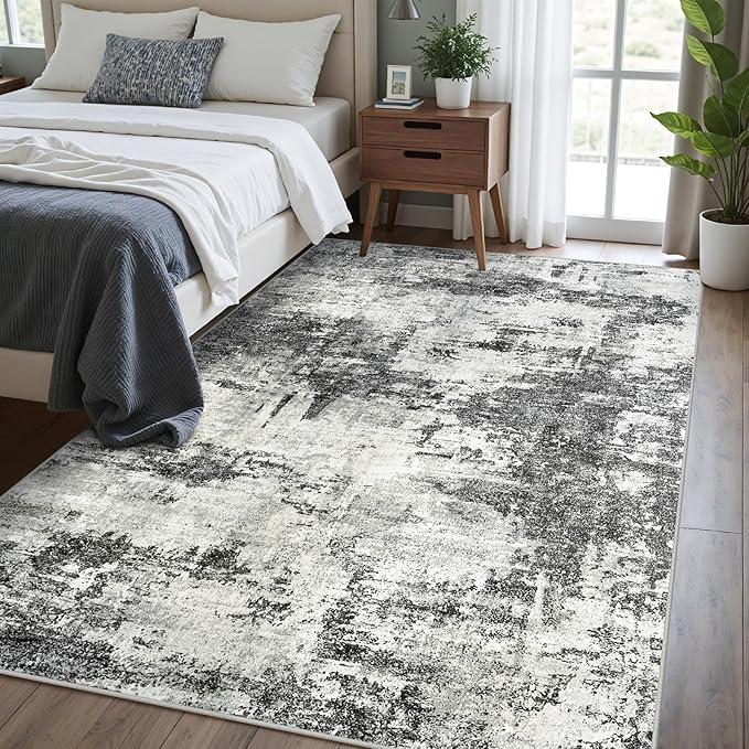Area Rug Living Room Rugs: 5x7 Washable Rug with Anti-Slip Backing Non-Shedding Stain-Resistant Foldable Modern Abstract Carpet for Bedroom Dining Room Nursery Home Office - Black