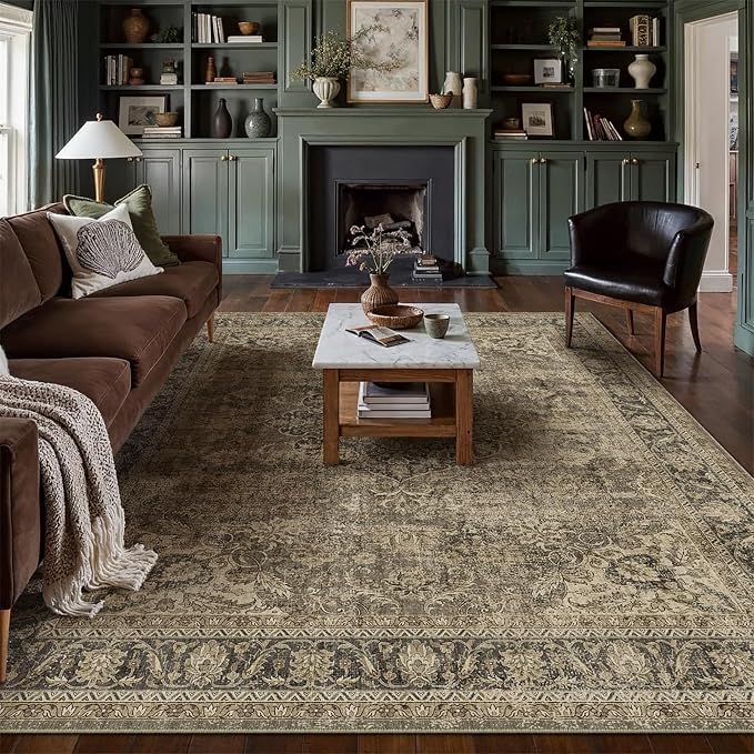 8x10 Washable Brown Area Rug Vintage Living Room Bedroom Carpet Non-Slip Medium Pile Thicker Distressed Indoor Large Throw Rug for Dining Room Office