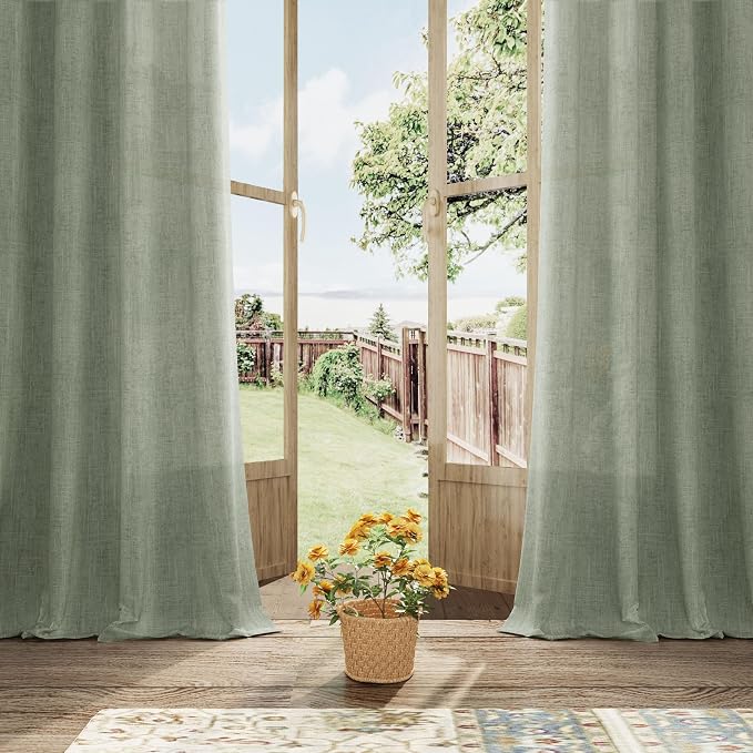Green Semi Sheer Extra Long Curtains 120 Inch Length for Living Room 2 Panel Set Grommet Linen Textured Privacy Light Filtering Spring Boho Decor Sage Green Curtains 120 Inches Long for Dining Room