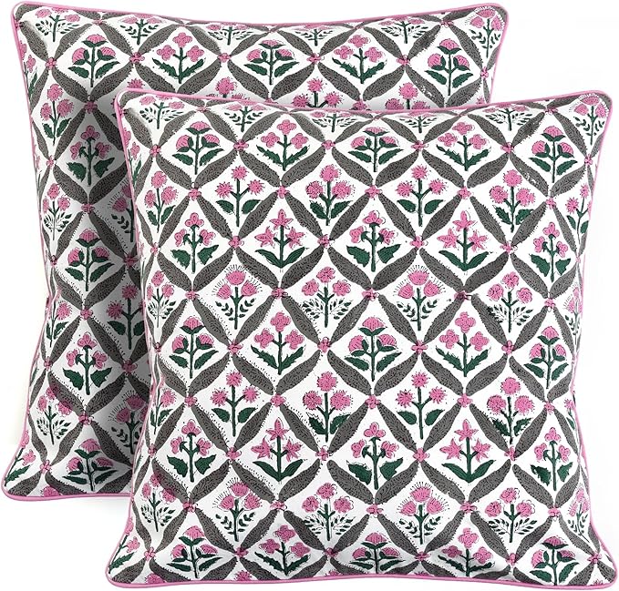 Ridhi Block Print Pink and White Pillow Cover 18" x 18" (Pack of 2) Decorative Couch Pillows for Living Room, Chic Boho Cute Outdoor Pillows Covers Gifts for Spring, Easter and Valentine
