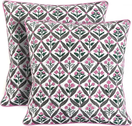 Ridhi Block Print Pink and White Pillow Cover 20" x 20" (Pack of 2) Decorative Couch Pillows for Living Room, Chic Boho Cute Outdoor Pillows Covers Gifts for Spring, Easter and Valentine