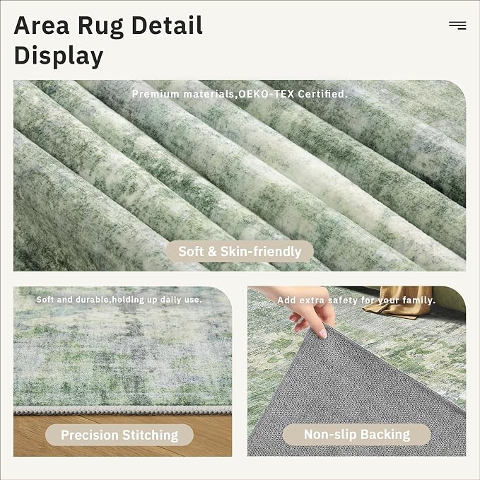 Soalmost Runner Rug 2x12 Washable Non-Slip Hallway Runner Rugs for Kitchen Bathroom Laundry Room Green/Ivory Vintage Floor Carpet Runners for Hallways Entryway