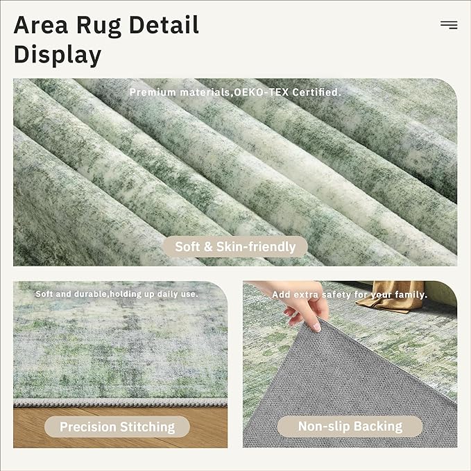 Soalmost Abstract Rug 8x10 Large Living Room Rugs Neutral Modern Washable Area Rugs for Bedroom Dining Room Non-Slip Stain Resistant Foldable Thin Rug Green
