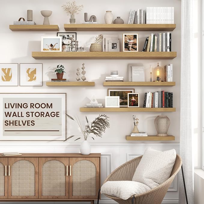 Venusmiles 48" Wide x 9" Deep Floating Shelves for Wall, Oak Finish, 2-Pack | Engineered Wood Wall Shelves with Invisible Brackets for Living Room, Bedroom, Bathroom, Office & Kitchen Storage