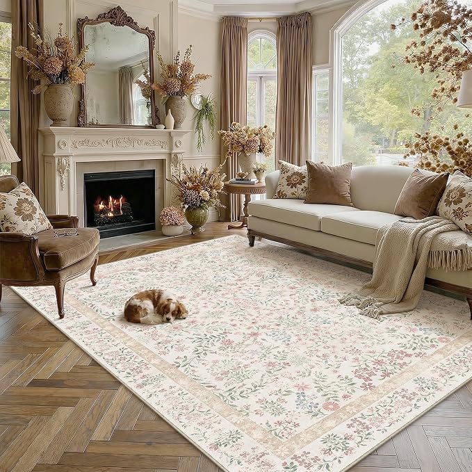 PureCozy 7x9 Pink Area Rug for Living Room Bedroom Washable Vintage Floral Carpet Low Pile Non Slip Botanical Aesthetic Dining Room Soft Accent Throw Rug Nursery Office Indoor
