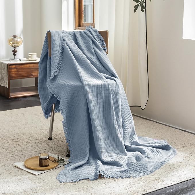 FOSSA Muslin Blanket: 4-Layer 100% Cotton Gauze Blanket with Fringe 98"x98" | Super Soft Breathable Lightweight All Season & Decorative Blanket or Bed, Sofa, Office (Cornflower Blue, Oversize Queen)