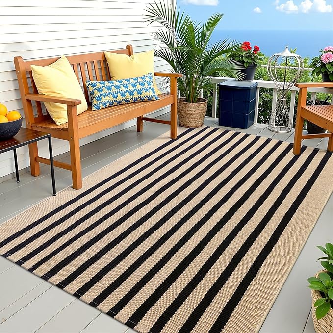 OLANLY Brown and Black Striped Rug 4' x 6' – Washable Cotton Doormat for Indoor Outdoor Use, Layered Front Porch Rug for Entryway, Kitchen, Patio
