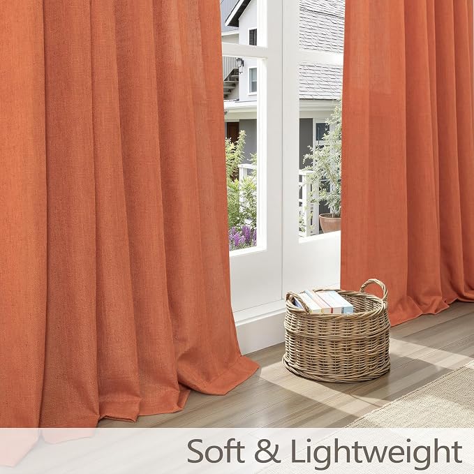 Burnt Orange Pleated Curtains 84 Inch Length 2 Panel for Living Room Pinch Pleat Thick Linen Sheer Light Filtering Privacy Fall Drape Rust Terracotta Curtain for Bedroom Boho Funky 40x84 Long Back Tab