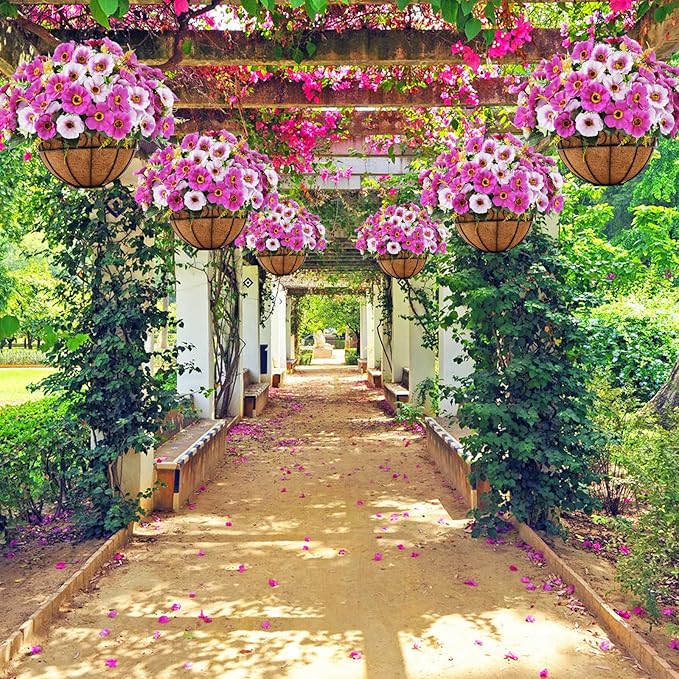 Ouddy Decor Artificial Hanging Flowers with Basket, Fake Silk Hanging Flowers in Coconut Lining Basket Faux Hanging Plants for Outdoor Indoor Spring Garden Porch Patio Balcony Home Decor, Red
