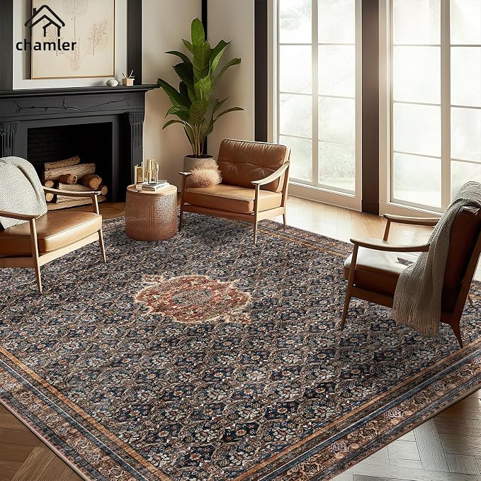 chamler Area Rug 8x10 Washable Vintage Rug Traditional Mat Distressed Indoor Foldable Thin Retro Accent Floral Large Rugs Non Slip Carpet for Living Room Dining Room Office