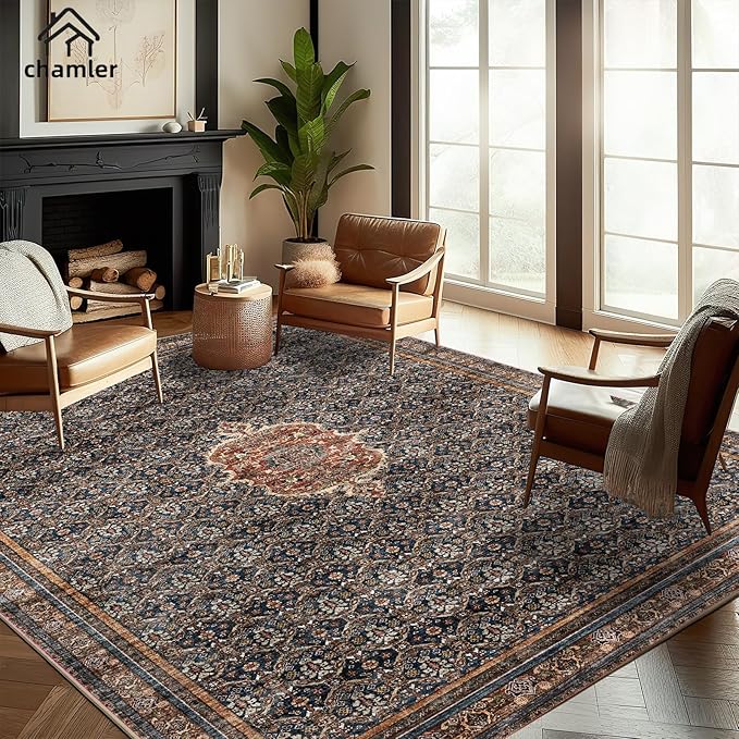 chamler Washable Area Rug 9x12 Boho Chic Medallion Distressed Design Non-Shedding Easy Care Ideal for High Traffic Areas in Rug for Living Room Bedroom Office Coffee Table Large Carpet