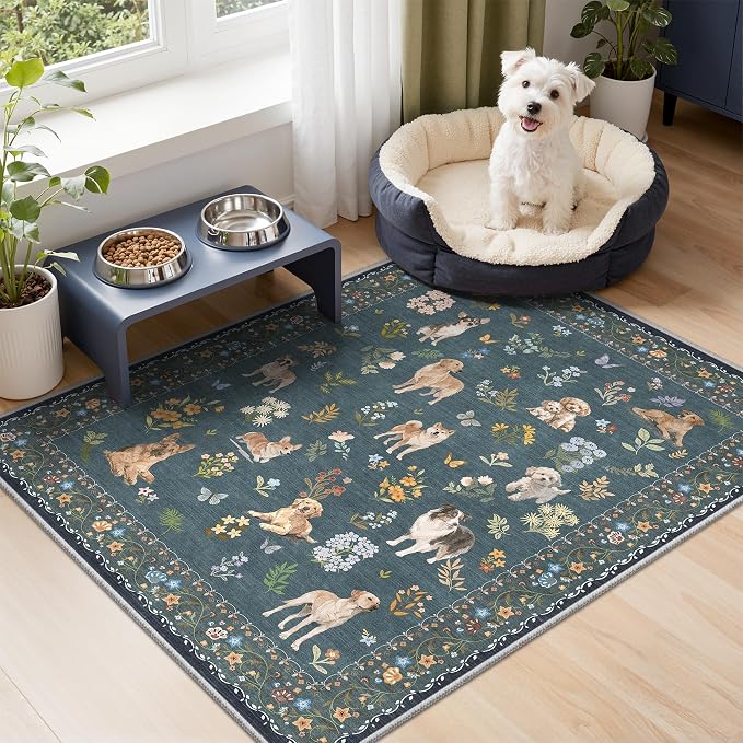Soalmost 2x3 Dog Rugs for Entryway, Machine Washable Door Mat Animal Floral Small Area Rug Non-Slip Low Pile Soft Throw Rugs for Entrance Kitchen Indoor Front Door Kids Room (2 x 3,Navy Blue)