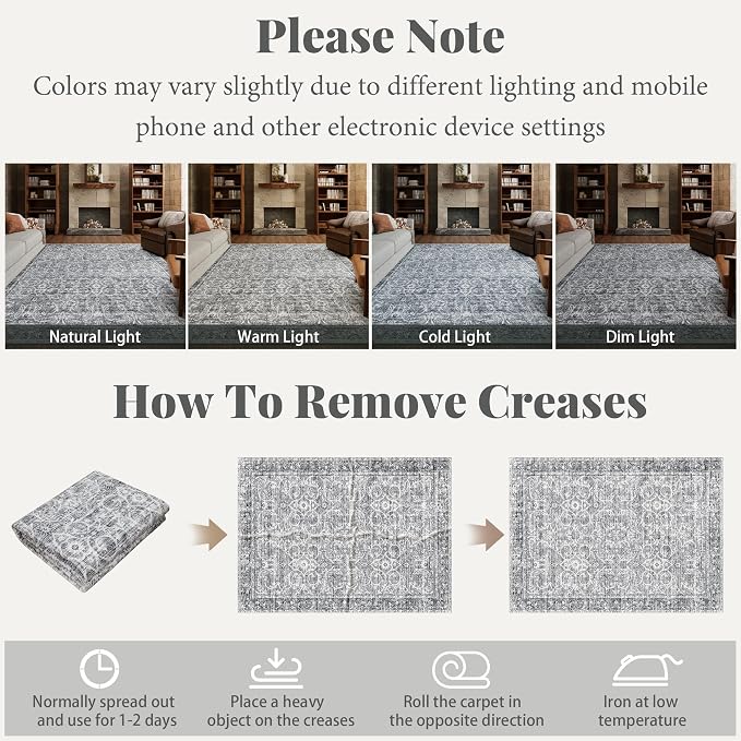 Washable Rugs for Living Room: 5x7 Area Rugs for Bedroom Ultra Soft Non-Slip Stain Resistant Vintage Boho Large Carpet for High-Traffic Dining Room - Farmhouse Decor