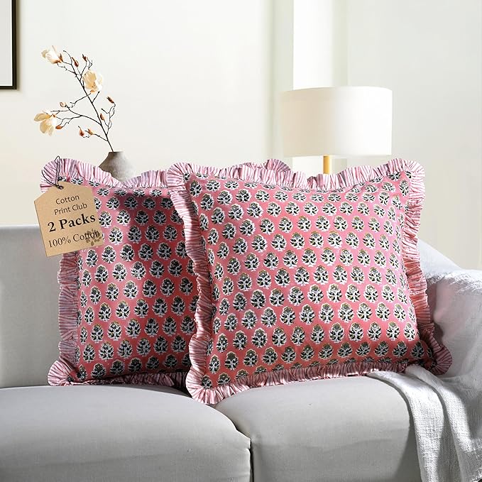 CPC Poppy Pink Ruffle Throw Pillow Covers for Couch, 16x16 Inch Cotton Stripe Ruffle Couch Pillows for Living Room, Hidden 12 Inch Zipper Boho Pillow Case or Cute Outdoor Pillows