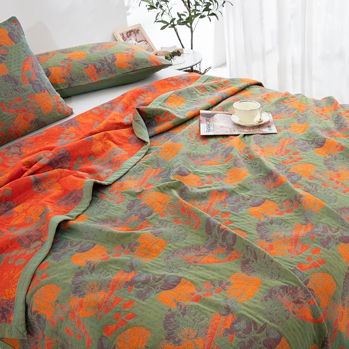 100% Cotton Muslin Blanket Jacquard Ginkgo Leaf Floral Quilt, Soft Bed Cover 3 Layers Lightweight Breathable Gauzy Reversible Bedspread Coverlet Bedding King(98"x94"), No Pillow Sham