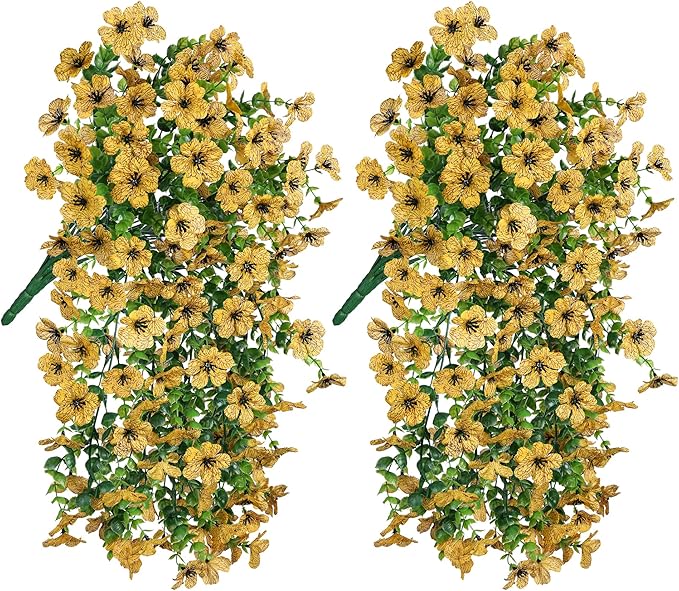 HyeFlora Artificial Hanging Flowers for Outdoors Decoration, 2pcs Fake Daisy with Eucalyptus Leaves for Garden Yard Porch (Yellow)
