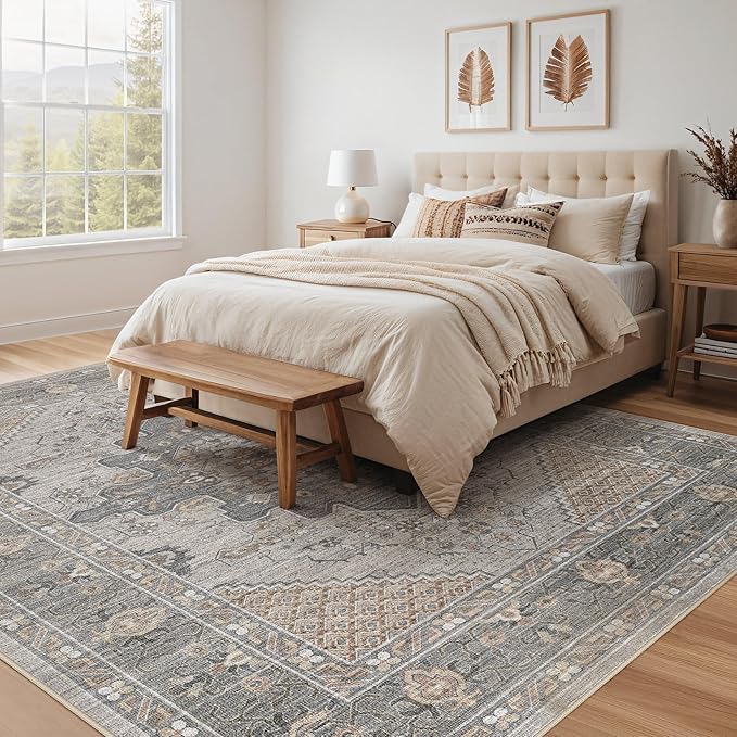 Tortania Area Rug Living Room Rugs - 10x12 Washable Boho Rug Vintage Oriental Distressed Farmhouse Large Thin Indoor Carpet for Living Room Bedroom Under Dining Table Home Office - Brown Gray