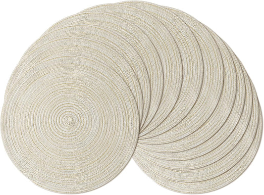 Leetaltree Round Placemats Heat and Slip Resistant Cotton Table Mats, Washable Bohemian Placemats for Dining Tables (White Beige, Set of 12)