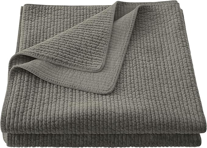 HiEnd Accents Stonewashed Cotton Velvet Quilt, Twin Size, Gray Solid Color, Classic Traditional Rustic Style Luxury Bedding, Soft Lightweight Bed Cover