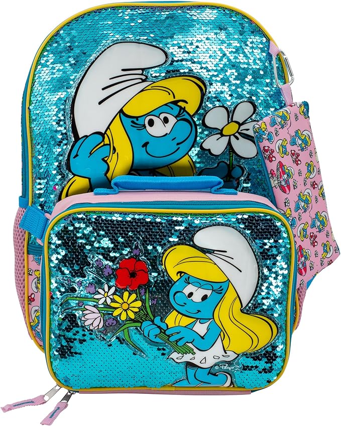 AI ACCESSORY INNOVATIONS Smurfs 5 Piece Backpack Set, Smurfette Flip Sequin Girls School Bag with Front Zip Pocket, 2 Side Mesh Pockets, Pink & Blue