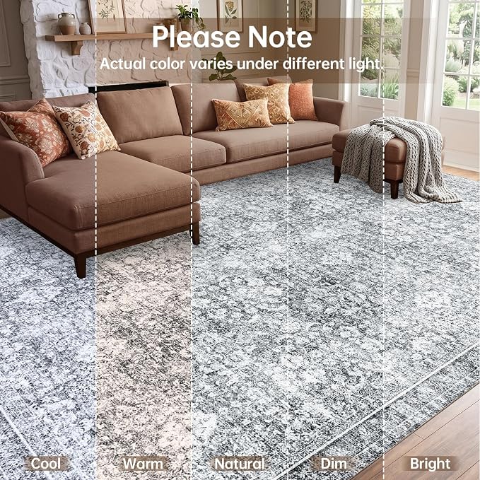 Sasttie Round Rugs 8ft, Ultra-Soft Washable Circle Rug, Low Pile Foldable Thin rugs with Non-Slip Backing, Skin-Friendly Stain Resistant Carpet for Living Room, Bedroom, Kitchen, Dorm, 8ft, Light Grey