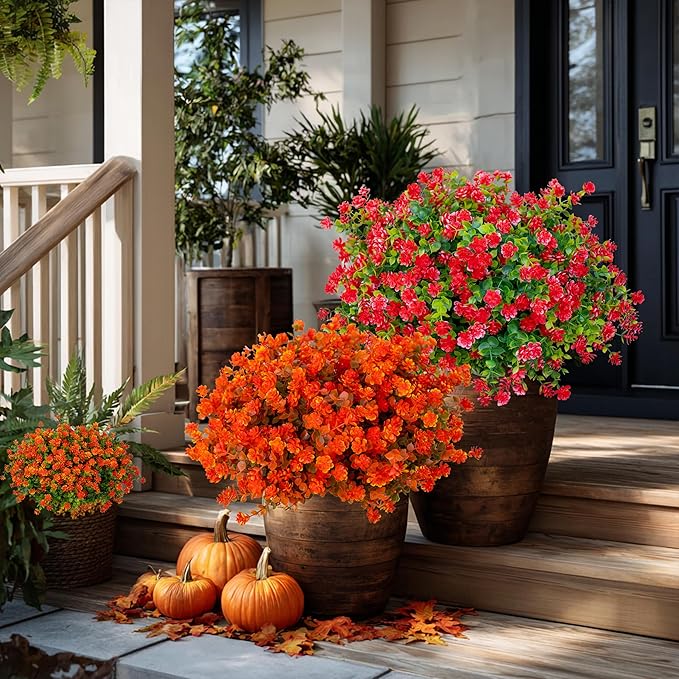 AXYLEX Artificial Flowers for Outdoors Fake Plants - 12 Bundles Faux UV Resistant No Fade Plastic Greenery Home Garden Porch Patio Decoration Boxwood Shrubs (Red)