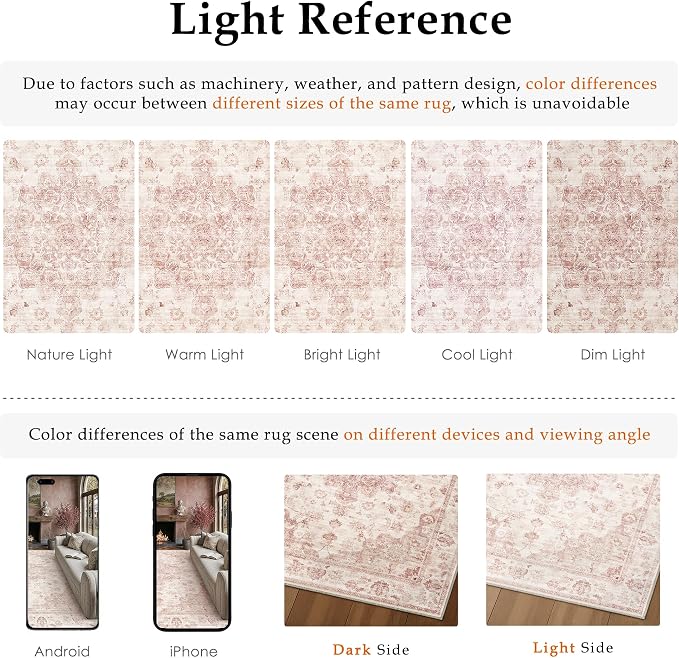 9x12 Neutral Area Rug Pink Vintage Living Room Bedroom Washable Carpet Non-Slip Soft Low Pile Farmhouse Indoor Large Throw Rug for Dining Room Office