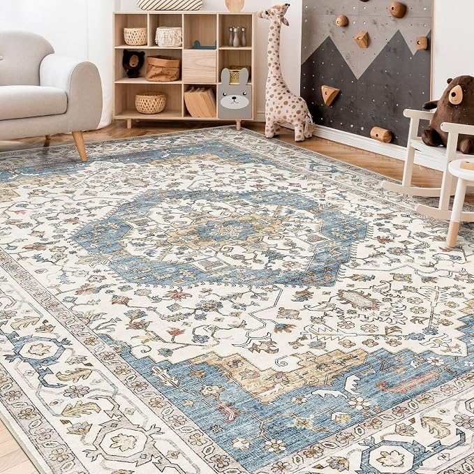 8x11 Area Rugs for Living Room - Large Carpet Ultra Thin Soft Washable Oriental Vintage Floral Distressed Rug Big Indoor Carpets for Bedroom Nursery Dorm Home Decor Aesthetic - Blue/Beige