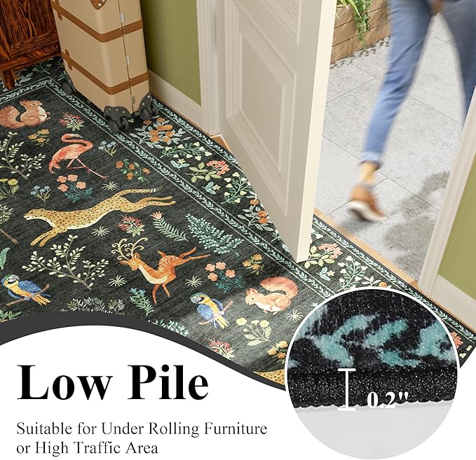 DUKINO 2x12 Washable Runner Rug, Ultra Soft Vintage Animal Runner Rug for Hallway, Lightweight Non Slip & Non Shedding Indoor Loog Carpet for Kitchen, Laundry Room, Bathroom, Bedroom, Entrance, Black