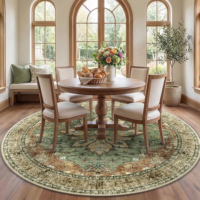 RELEANY Area Rugs 7ft Washable Non-Slip, Floral Vintage Distress Print Pattern Medallion Carpet for Living Room Bedroom Dining Room, Brick Red Rust Neutral Brown Burnt Orange
