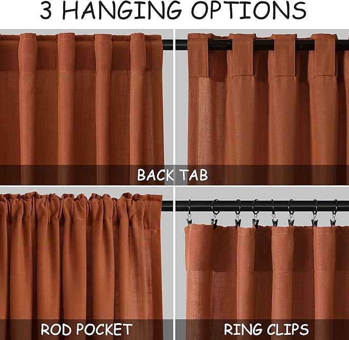 Extra Long Curtains 120 inch Length 2 Panels Back Tab Terracotta Curtains Rustic Farmhouse Boho Fall Decor Brick Burnt Orange Semi Sheer Linen Curtain 120 inches Long for Floor to Ceiling Window 10 Ft