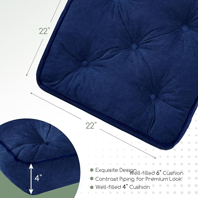 HIGOGOGO Large Floor Pillow Cushion for Adults, Meditation Cushion Pillow with Handle, Lustrous Chenille Tufted, Square Floor Sitting for Tatami Living Room or Yoga, 22x22 Inch, 2Pack, Navy