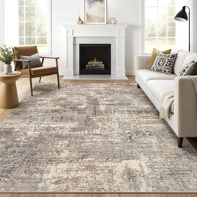 7x9 Area Rug Living Room: Washable Large Abstract Neutral Modern Soft Rug Stain Resistant Indoor Floor Non-Slip Accent Carpet for Bedroom Nursery Playroom Dining Room Office Home- Sand Brown Black