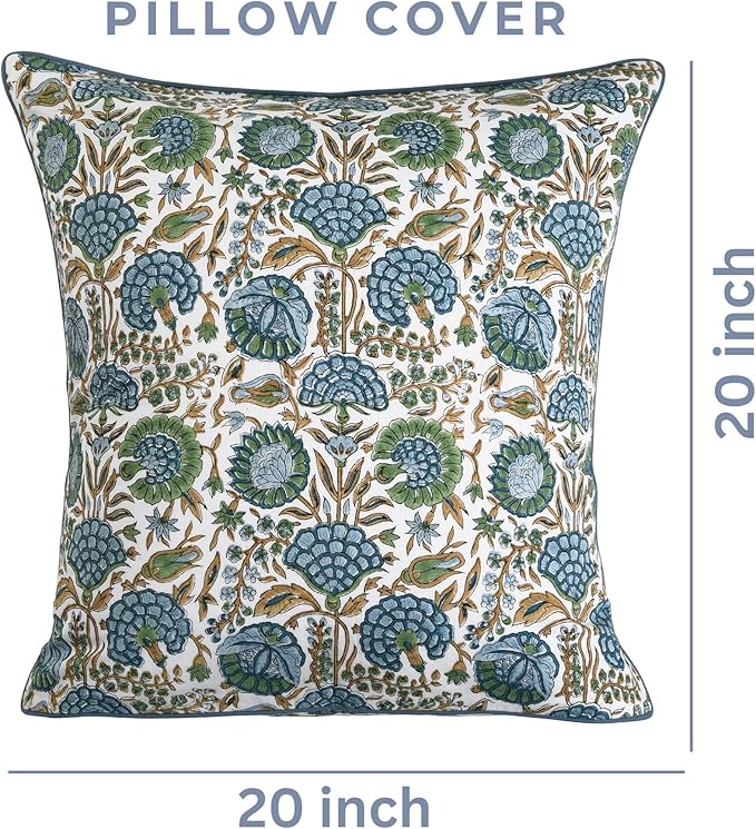 Ridhi Block Print Asparagus Green Pillow Cover 20" x 20" (Pack of 2) Decorative Couch Pillows for Living Room, Chic Boho Cute Outdoor Pillows Covers Gifts for Spring, Easter and Valentine