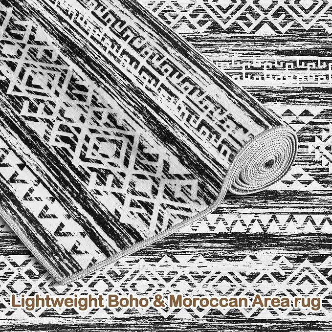 Tortania Area Rug Living Room Rugs - 9x13 Washable Large Soft Neutral Boho Moroccan Bohemian Farmhouse Rug Indoor Floor Carpet for Bedroom Under Dining Table Home Office Decor - Black White