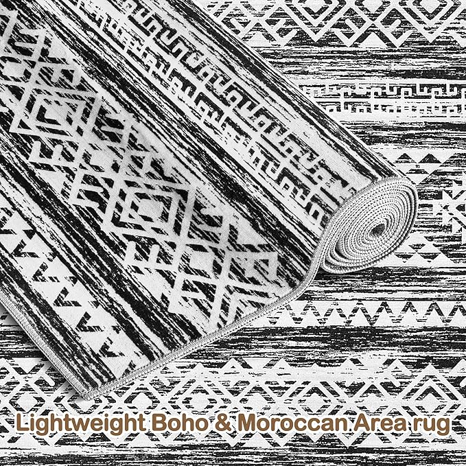 Tortania Area Rug Living Room Rugs - 6x9 Washable Large Soft Neutral Boho Moroccan Bohemian Farmhouse Rug Indoor Floor Carpet for Bedroom Under Dining Table Home Office Decor - Black White