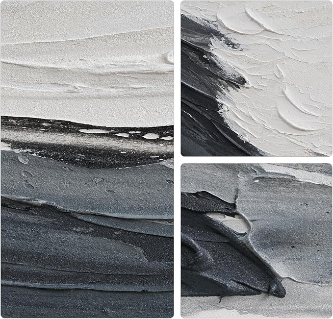 Modern Minimalist Black & White Ocean Wall Art, Large Abstract Wall Decor | Hand-Painted Oil Painting Canvas Artwork for Living Room Bedroom Office, Original Horizontal Coastal Wall Art Home Decor Gift