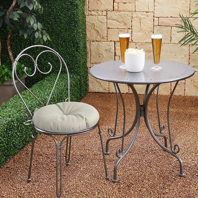 Magpie Fabrics Outdoor 15"x15"x4" Round Bistro Seat Cushions with Ties Set of 2, Tufted Waterproof Patio Floor Chair Pads for Home Garden Balcony Kitchen Office Porch, Taupe