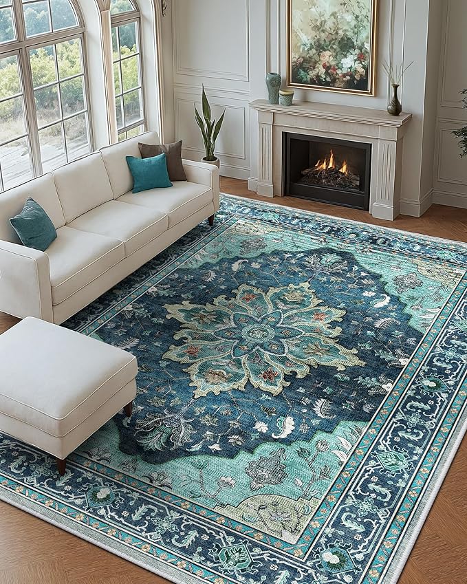 RELEANY Area Rugs 9'x12' Washable Non-Slip, Floral Vintage Distress Print Pattern Medallion Carpet for Living Room Bedroom Dining Room, Teal Green Lake Blue Turquoise