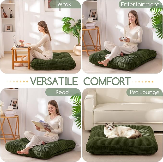 HIGOGOGO 35" Floor Pillow Cushion for Adults, Meditation Cushion Pillow, Extra Large Square Floor Sitting, Tufted Corduroy Cover for Tatami Living Room or Yoga, Dark Green