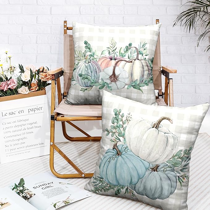 Watercolor Blue Pumpkin Decorations Pillow Covers 24x24 Set of 2 Fall Decorative Pillow Case Autumn Harvest Cotton Linen Pillow Covers for Living Room Couch Outdoor