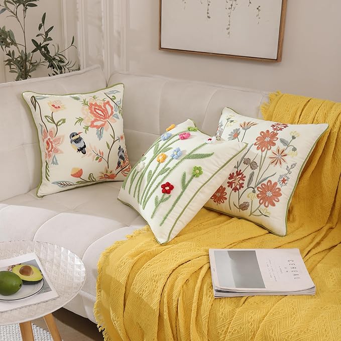 Embroidered Throw Pillow Covers 18x18 inch Pack of 2 Vintage Birds with Pink Flowers Farmhouse Pillow Cushion Cases Spring Summer Decorative Pillowcases Home Decor for Sofa Bed Living Room