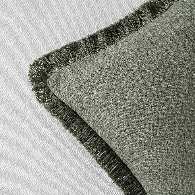 MIULEE Decorative Throw Pillow Covers Neutral Linen Fringe Throw Pillows Set of 2 Light Olive Green Boho Farmhouse Cushion Covers for Couch Sofa Bed Living Room Spring Home Decor 20x20 Inch