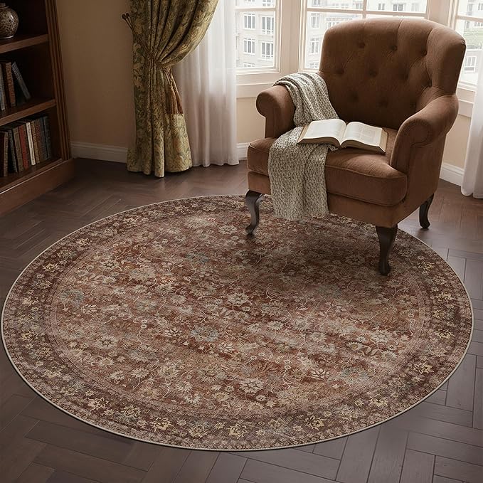 HUGEAR Round Rug 4ft Entryway Rugs Machine Washable Brick Red Hallway Area Rug 4x4 Small Circle Accent Rug Floral Low Pile Carpet Soft Throw Rug Living Room Office Laundry Room Entrance Non Slip