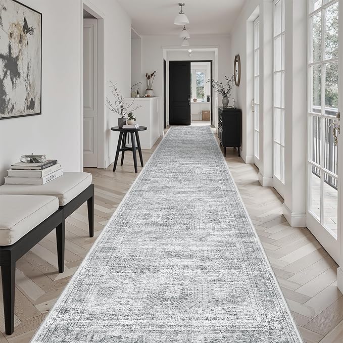 Soalmost Hallway Runner Rug 3x18 - Kitchen Rugs 18ft Washable Entryway Rug Vintage Kitchen Runners Non Slip Farmhouse Indoor Carpet Runner for Living Room Bedroom, Grey