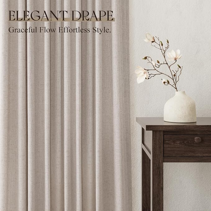 Jowels Oatmeal Linen Curtains 108 Inch Long 2 Panels for Living Room | Light Filtering Semi Sheer Curtain, Back Tab Pocket Pleated Look, Boho Farmhouse Textured Privacy Drapes for Bedroom Window