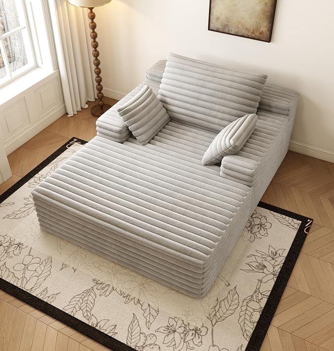 62.6" Oversized Chaise Lounge Chair for Bedroom Living Room, Boneless Sofa Couch Sleeper Bed, Memory Foam Cloud Couches with Throw Pillows, No Assembly, Plush Corduroy, Grey